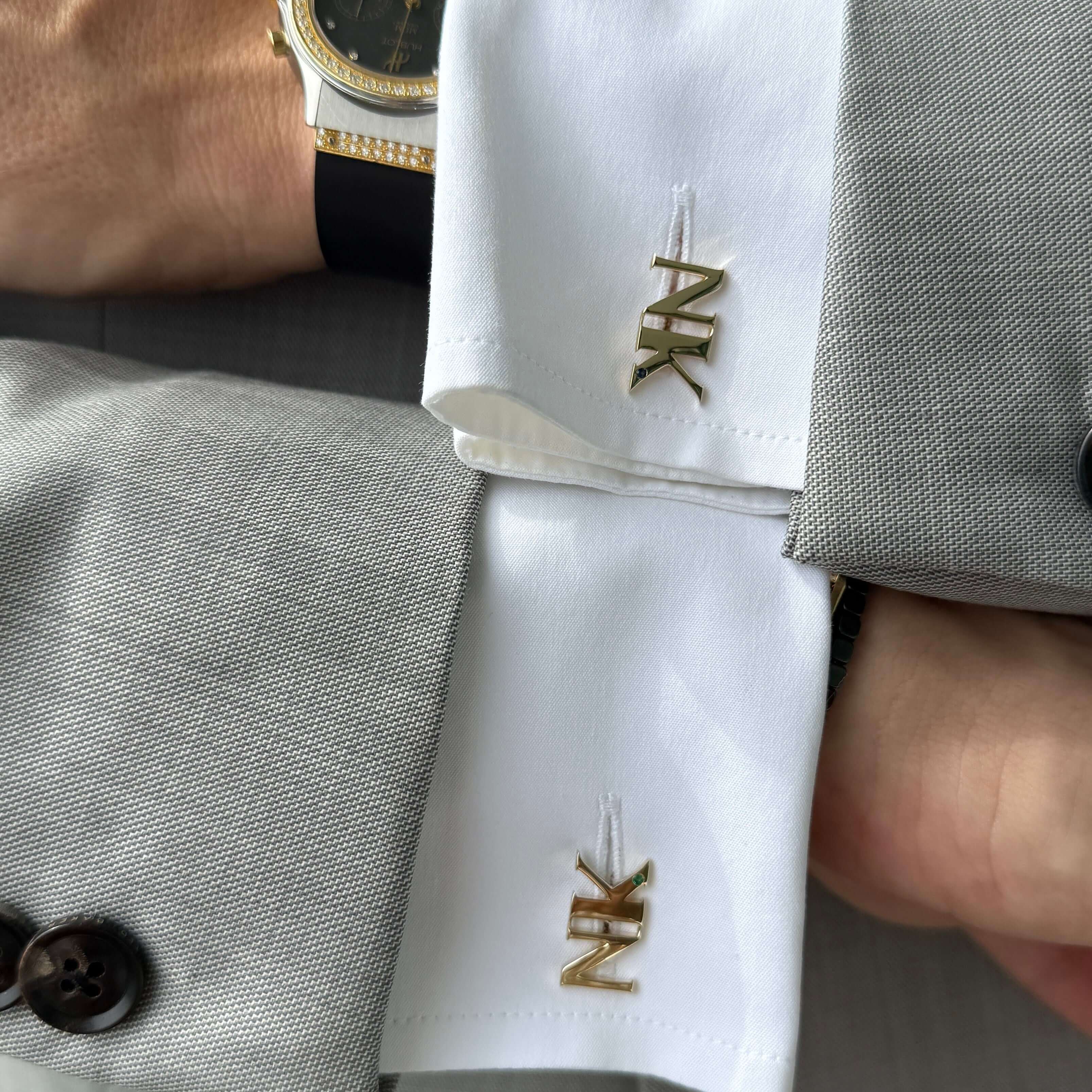 14K gold personalized initials cufflinks displayed on a dress shirt, adding elegance to formal attire.