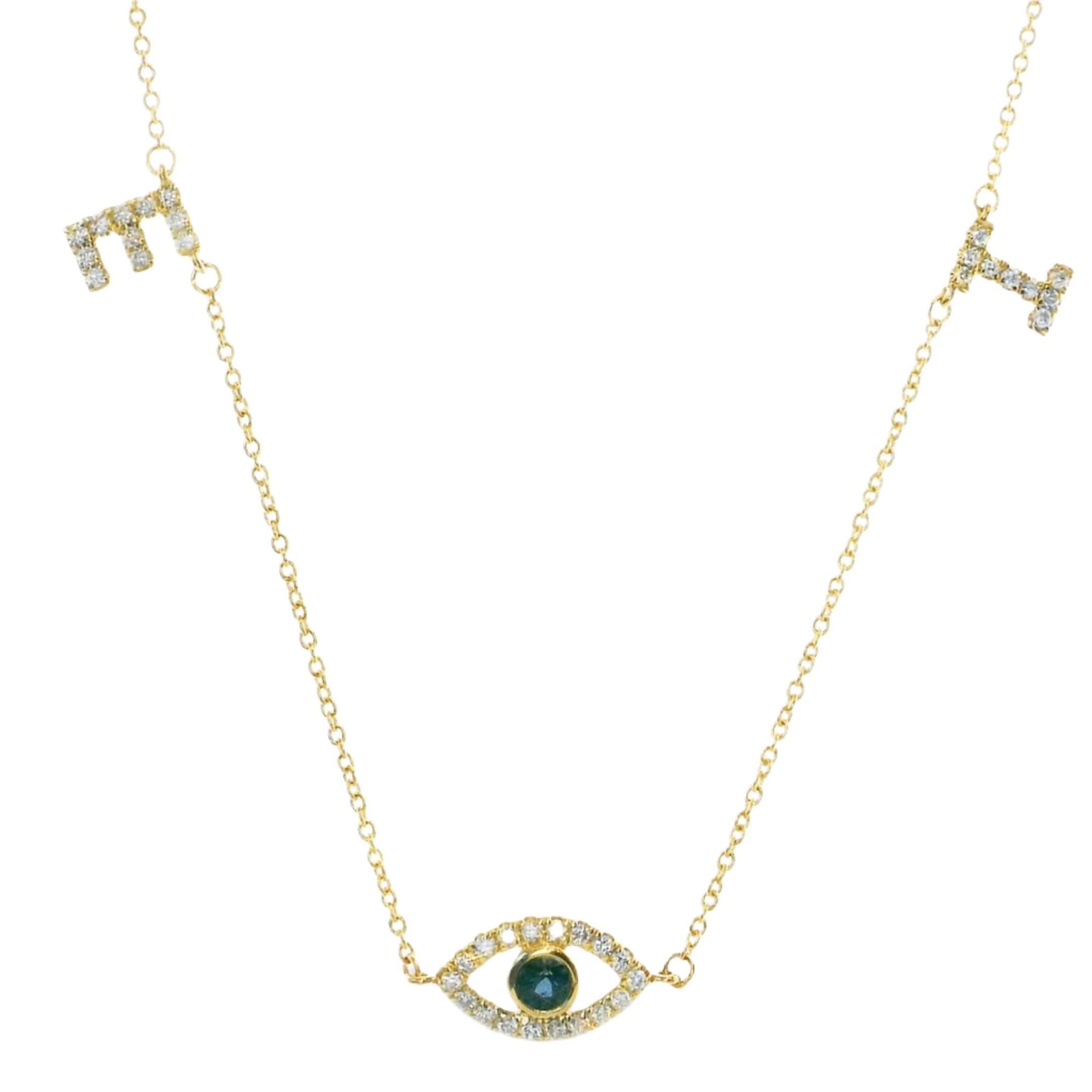 14K gold personalized necklace with evil eye motif and initials, adorned with diamonds for a sparkling finish.
