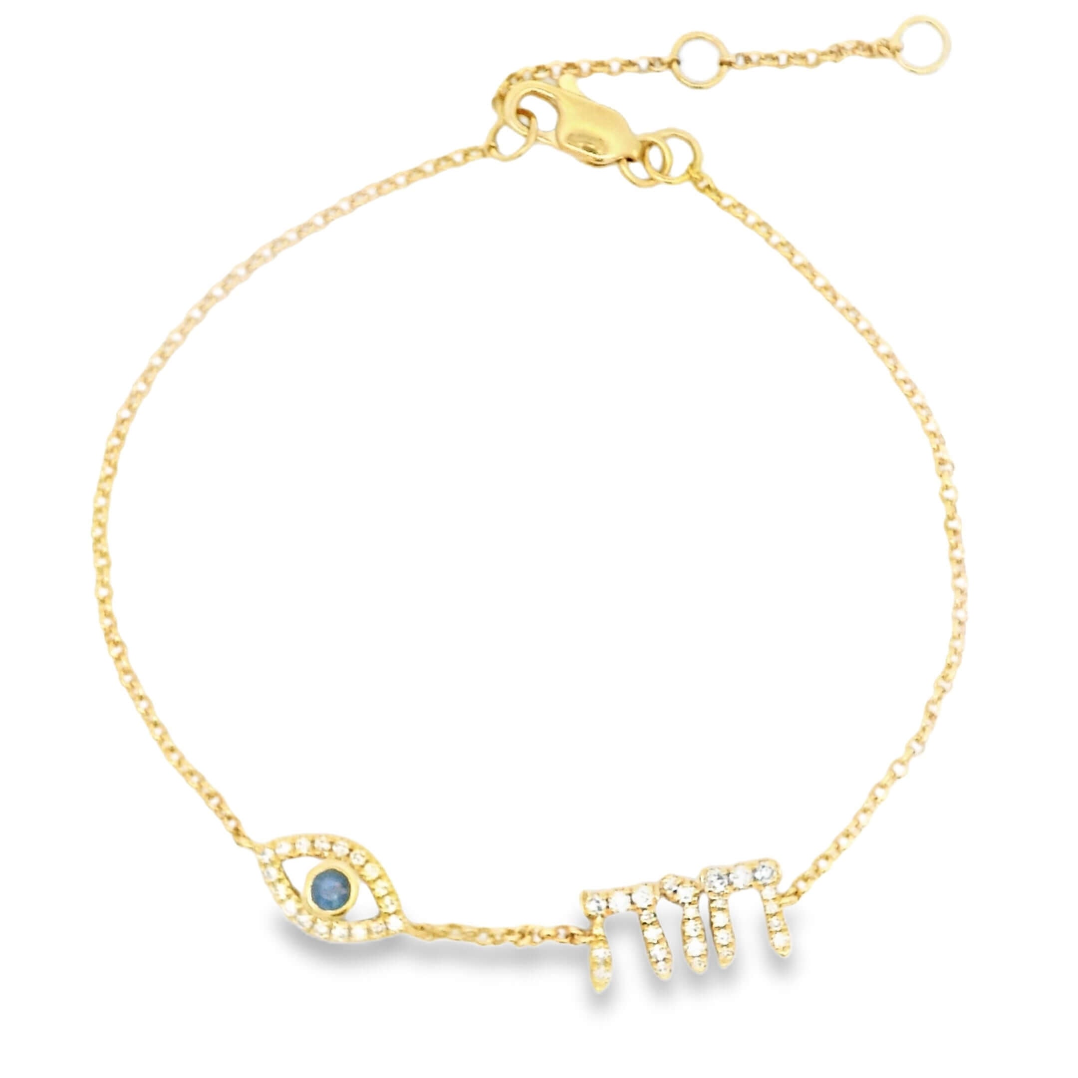 Personalized Motif Hebrew Diamond Nameplate Bracelet with diamond and sapphire evil eye by Izakov Fine Jewelry