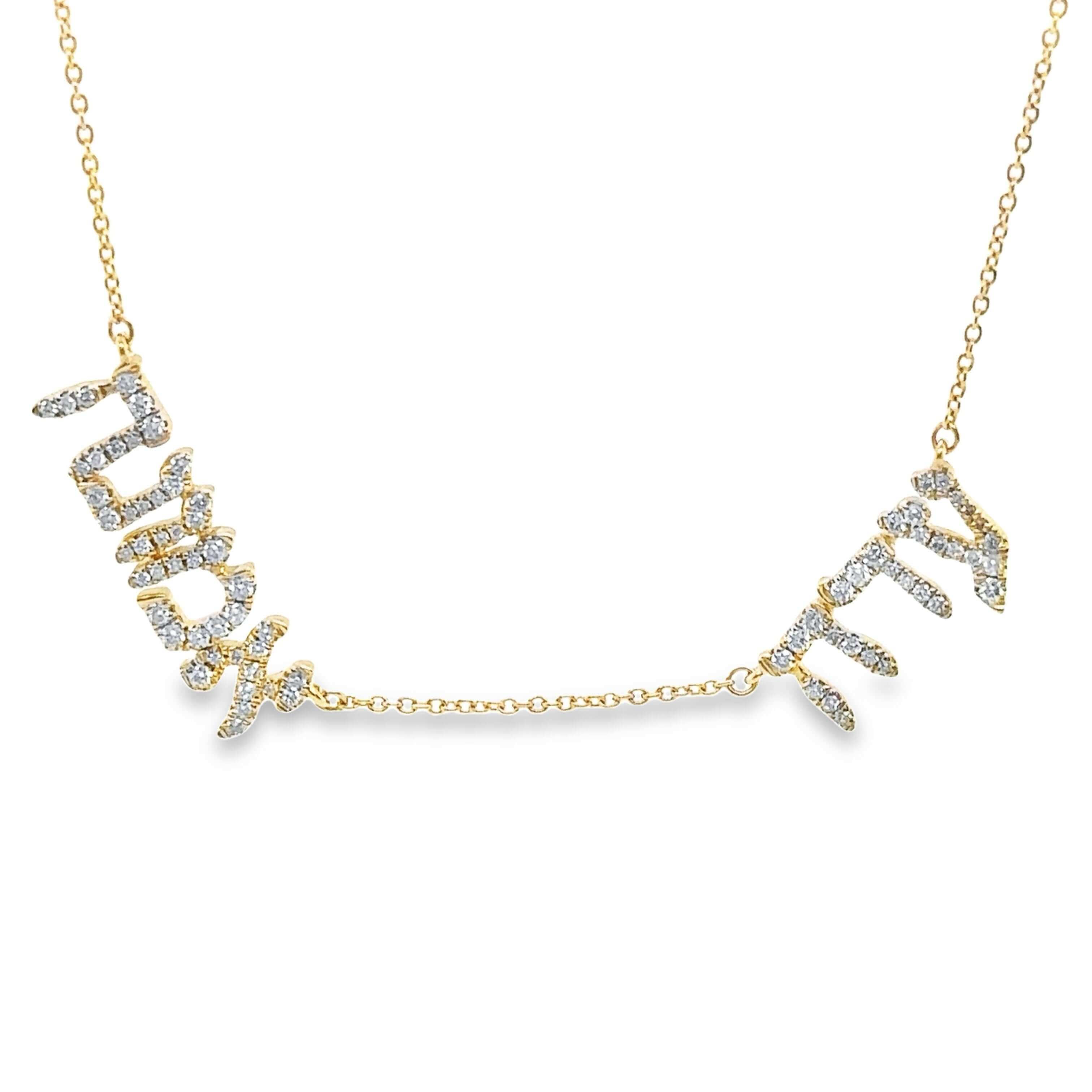 Gold necklace with sparkling diamond script design by our jewelry brand.