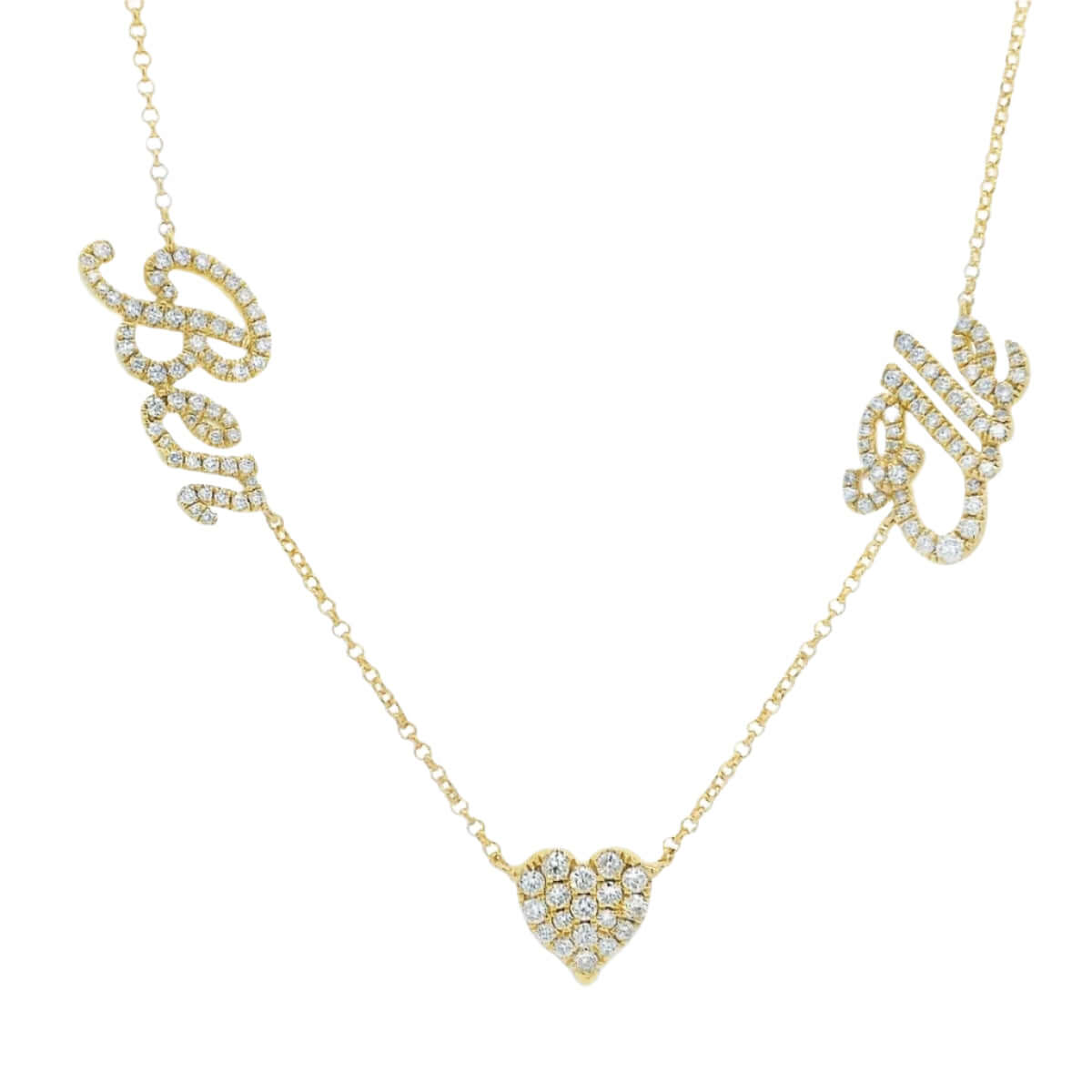 14K gold personalized necklace with diamond heart and multiple nameplates in script font, showcasing elegance and style.