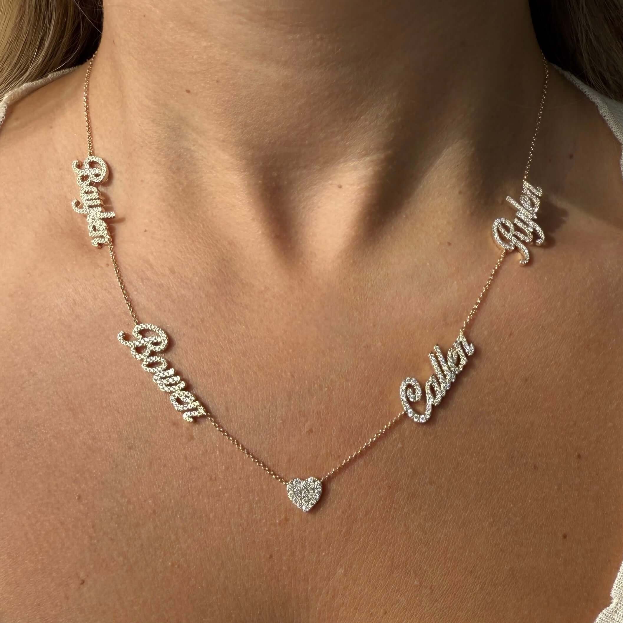Personalized Multiple Nameplates Heart Diamond Necklace from Izakov Fine Jewelry featuring nameplates and heart with diamonds