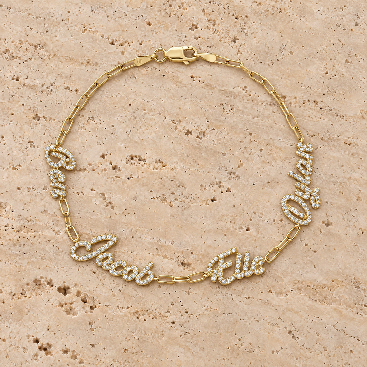Personalized Multiple Script Diamond Nameplates Bracelet in 14K yellow gold, styled, Izakov Fine Jewelry