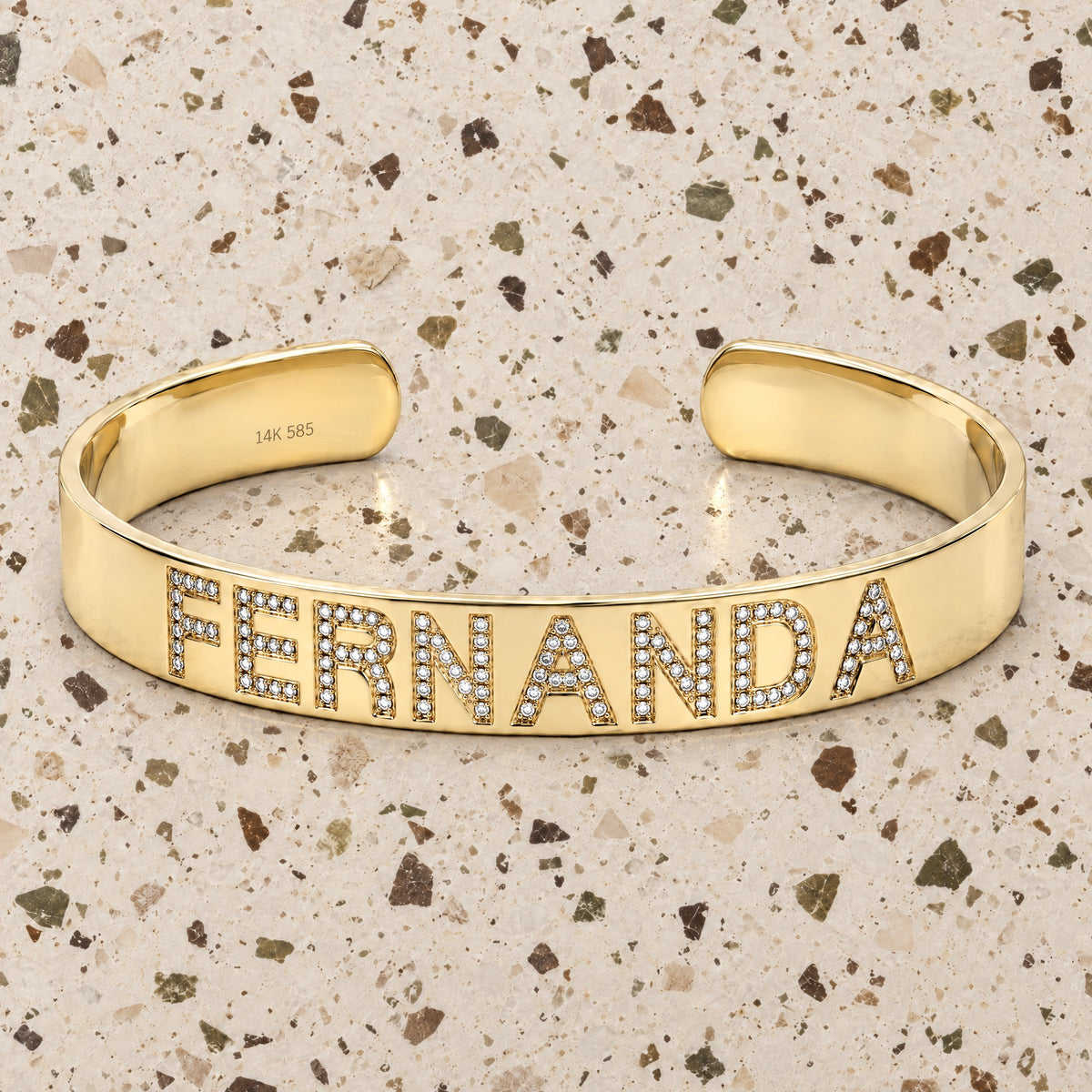 Personalized Name Diamond Cuff Bracelet in 14K yellow gold, styled, Izakov Fine Jewelry