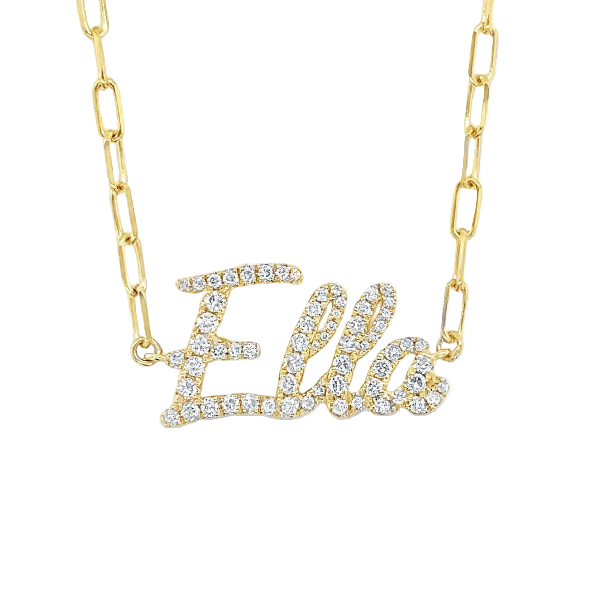 Personalized Script Nameplate Diamond Necklace featuring the name 'Ella' in gold with sparkling diamonds from Izakov Fine Jewelry.