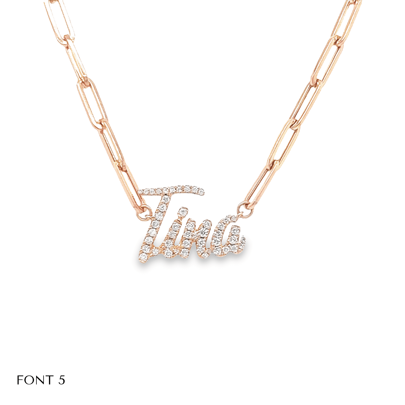 Elegant gold chain necklace with personalized "Tina" name pendant encrusted with sparkling diamonds from our jewelry collection