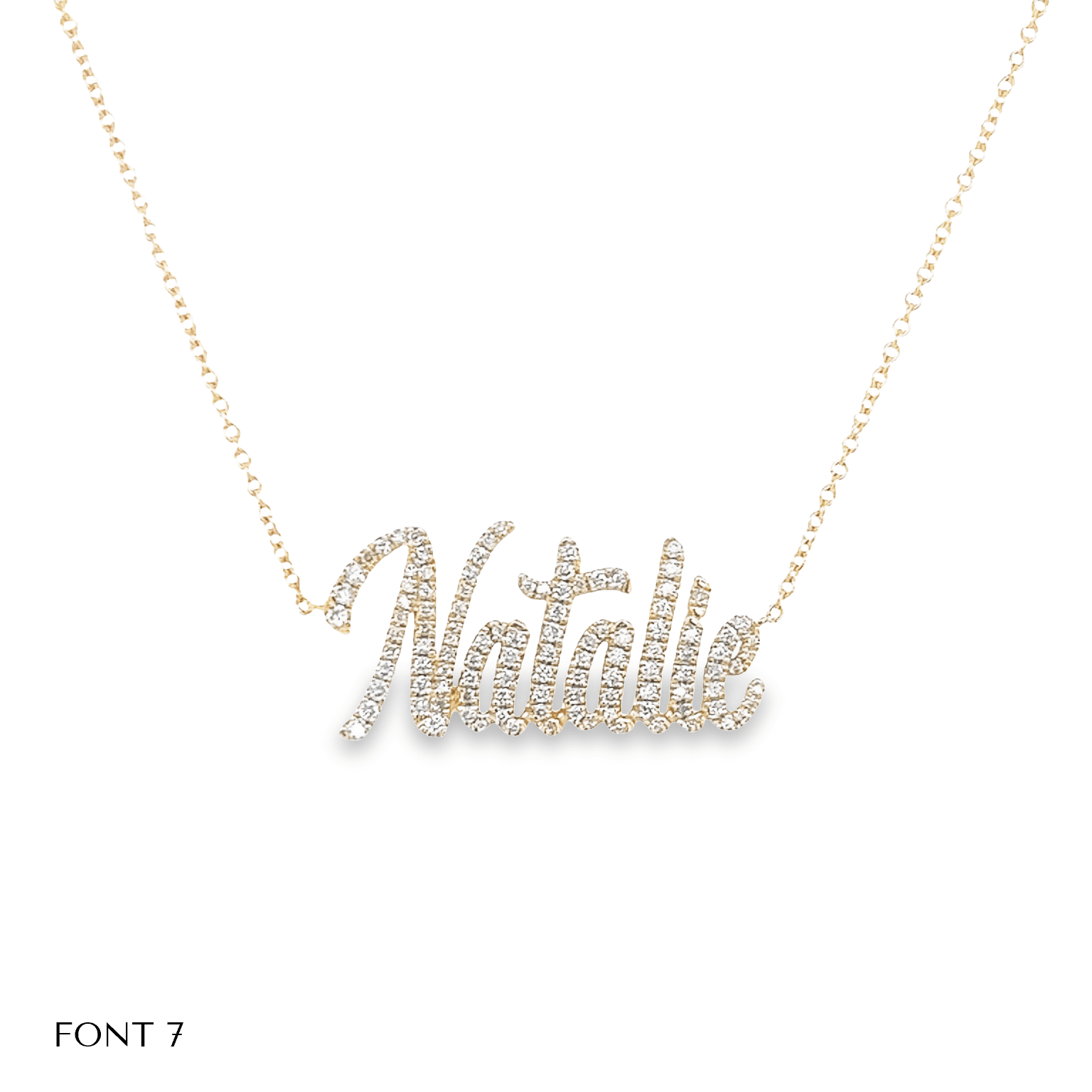 Custom gold necklace with "Natalie" name in sparkling diamonds, featuring Font 7, from our luxury jewelry collection.