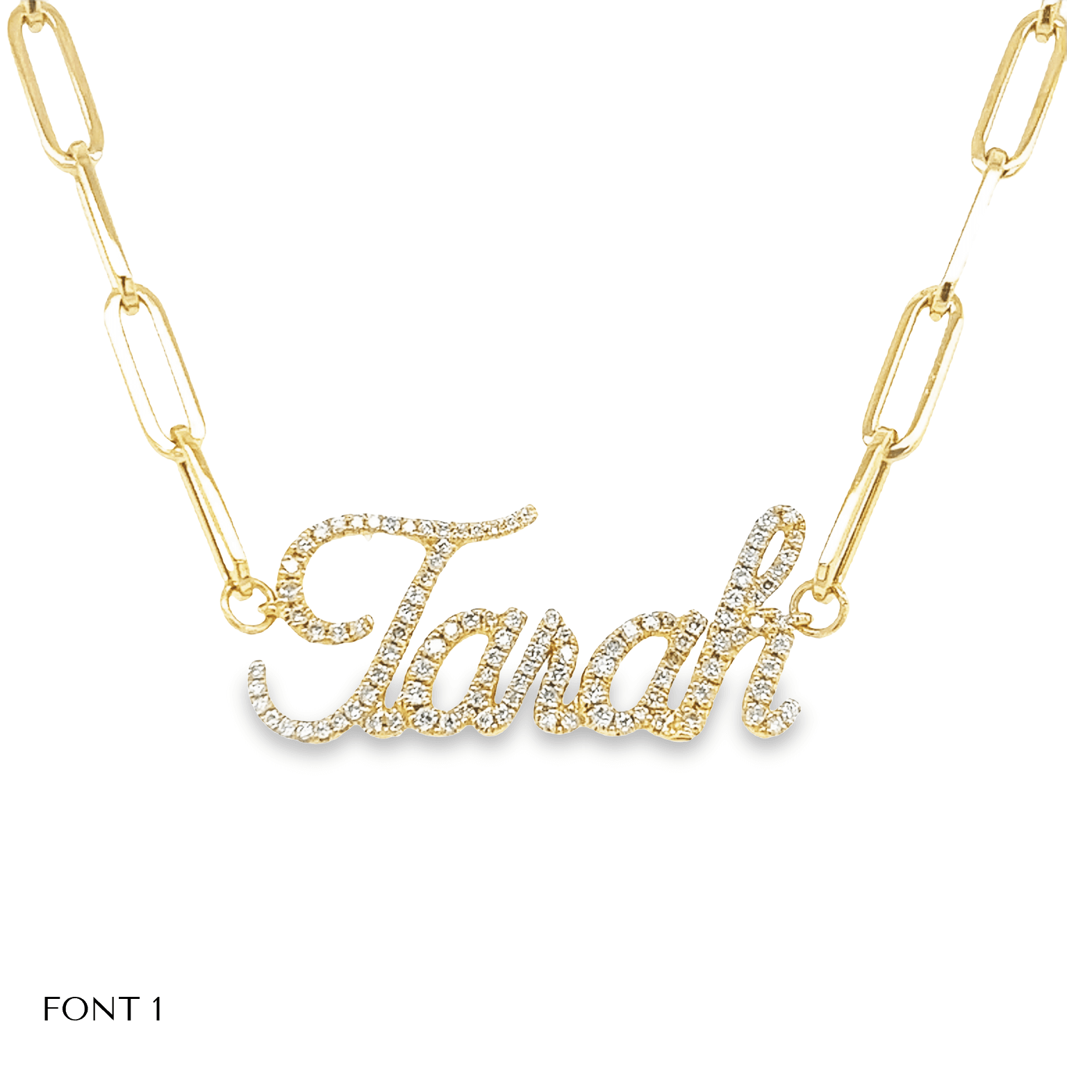 Custom gold necklace with the name "Sarah" in elegant script font, adorned with sparkling diamonds, part of our exclusive jewelry collection
