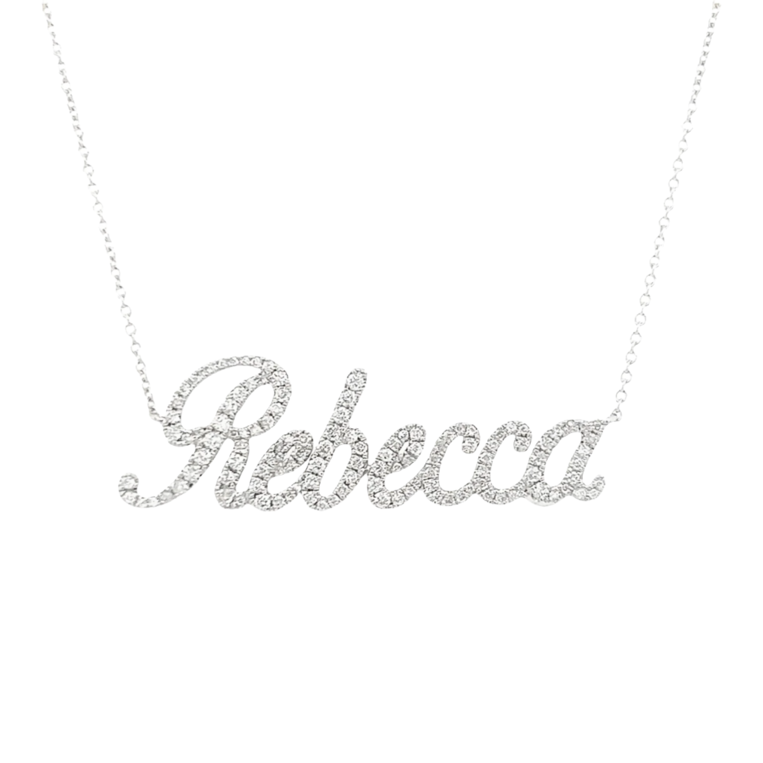 Personalized Script Nameplate Diamond Necklace featuring the name Rebecca in sparkling diamonds.