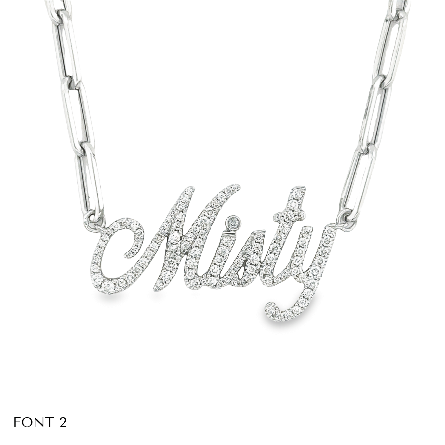 Custom name necklace with "Misty" in sparkling font, upscale jewelry design.
