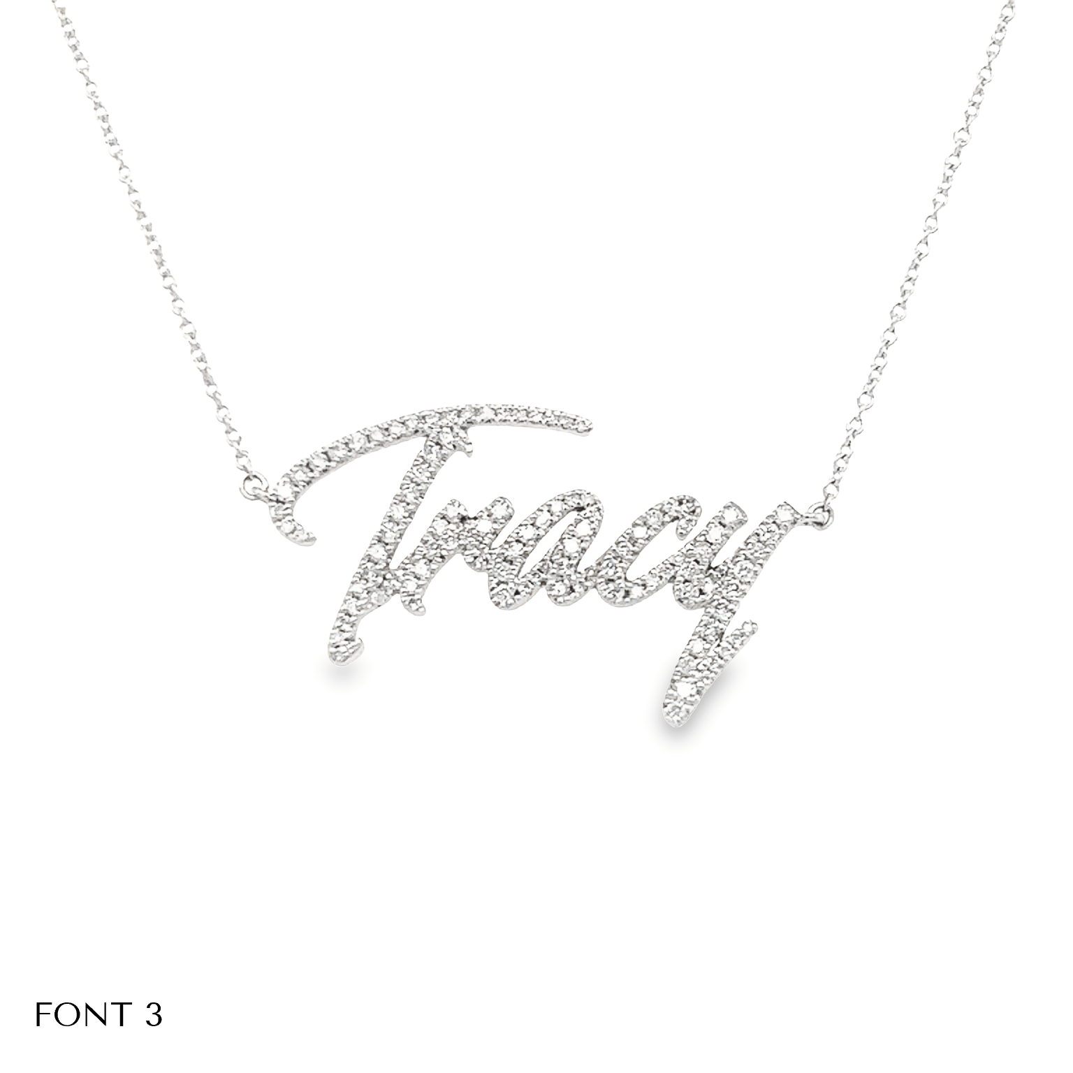 Custom diamond name necklace with the name Tracy from our elegant jewelry collection.