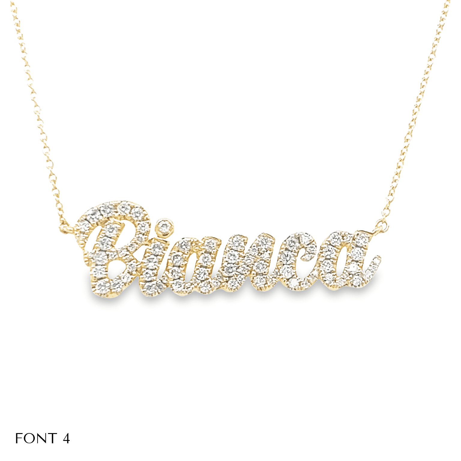 Customizable gold name necklace with "Bianca" in sparkling diamonds, perfect for personalized jewelry lovers.