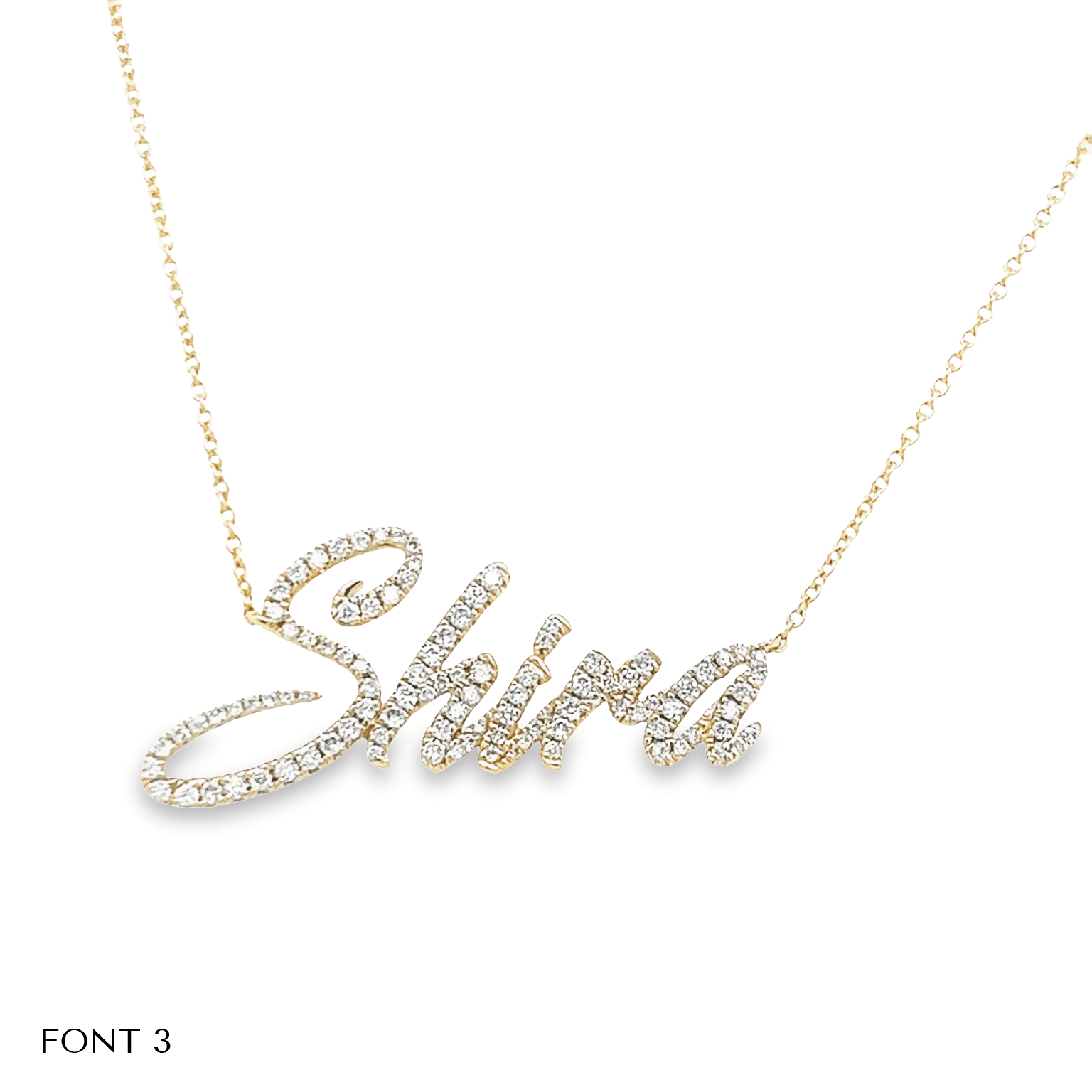Custom gold necklace with "Shira" in elegant script, adorned with sparkling diamonds from our jewelry collection