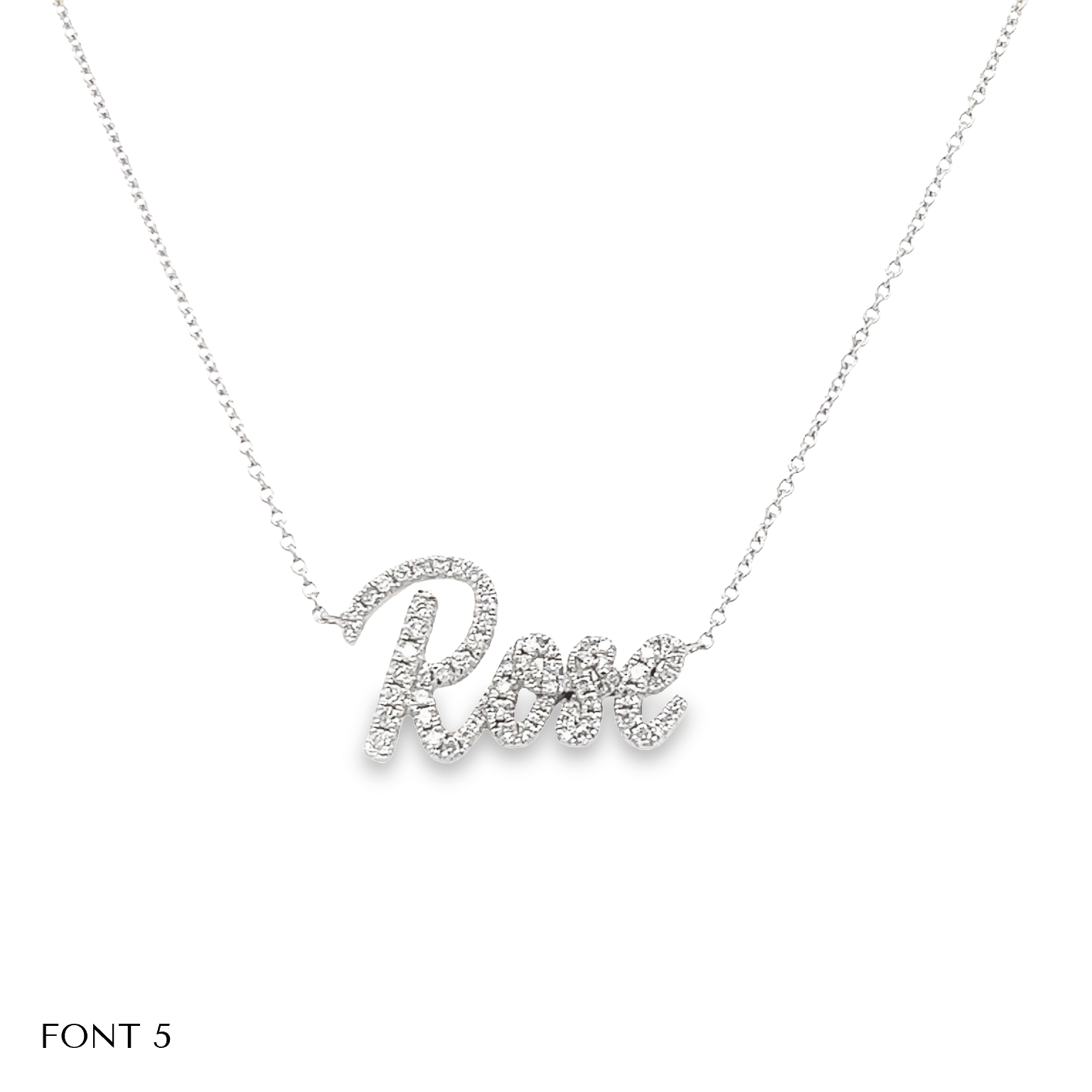 Rose name necklace in sparkling diamonds on a delicate silver chain by our jewelry brand
