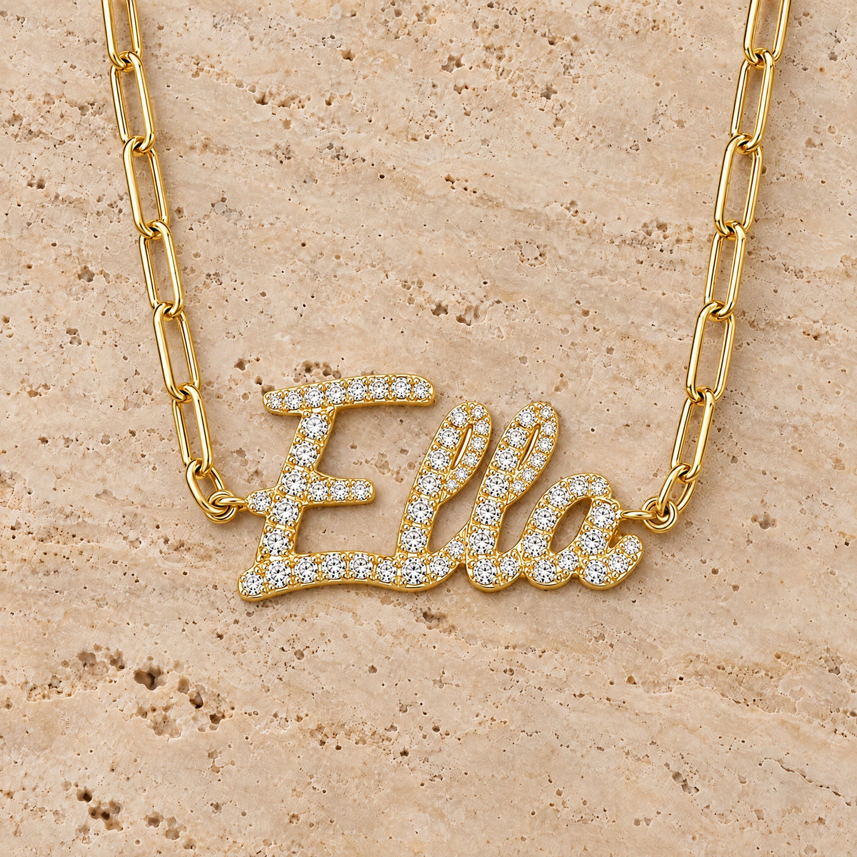 Personalized Script Nameplate Diamond Necklace in 14K yellow gold, styled, Izakov Fine Jewelry