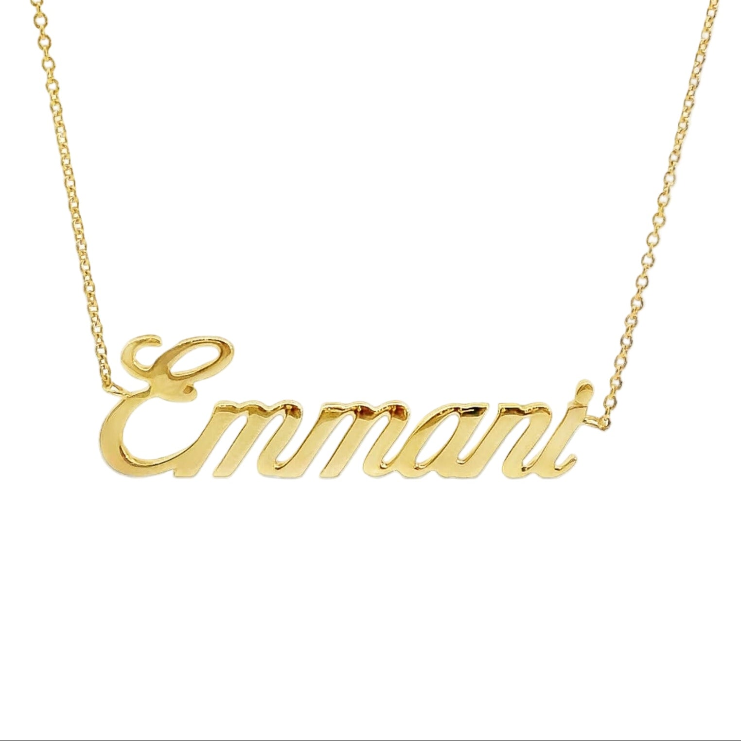 14K gold personalized script nameplate necklace featuring the name "Emmant" on a delicate chain. Perfect for unique style.