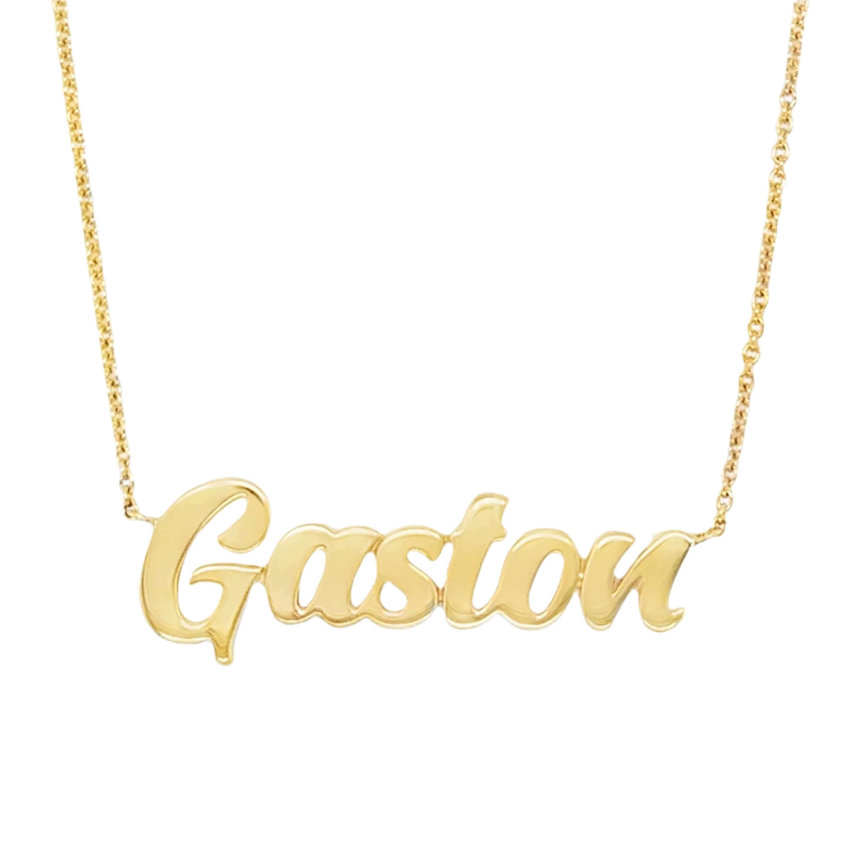 14K Gold Personalized Script Nameplate Necklace with the name "Gaston" on a delicate chain.
