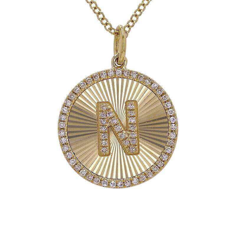 Radiating Diamond Initial Necklace by Izakov Fine Jewelry, featuring a diamond initial 'N' on a radiating finish coin.