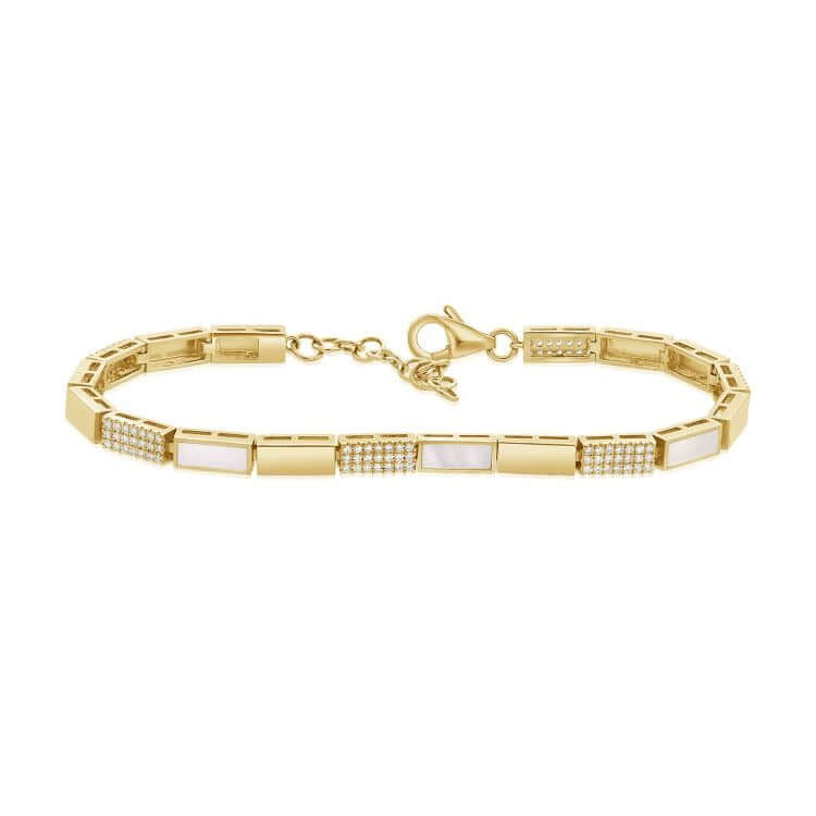 Rectangular Links Mother of Pearl & Diamond Bracelet featuring gold links and diamond accents.