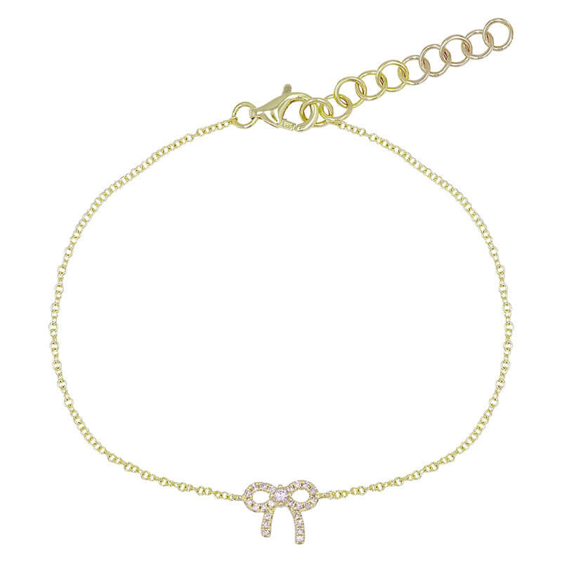 Elegant 14K gold diamond bow tie bracelet, featuring a delicate design and sparkling diamonds for sophistication.