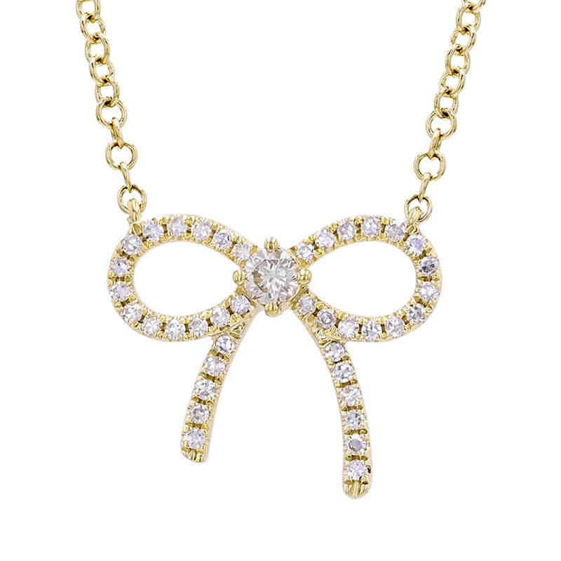 14K gold ribbon bow tie necklace with sparkling diamonds, elegant design perfect for special occasions.