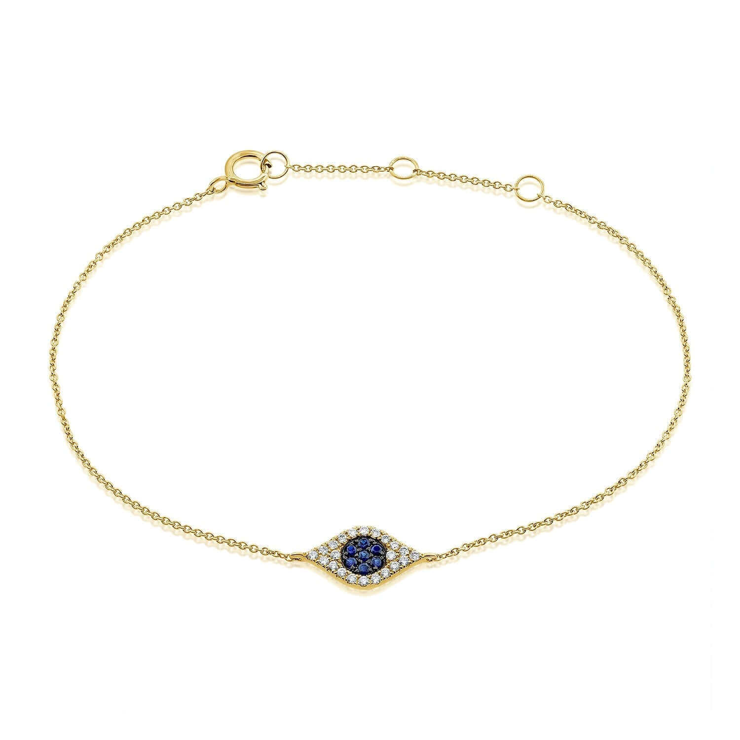 Delicate gold evil eye bracelet with blue and white stones, perfect for adding a touch of elegance to your jewelry collection.