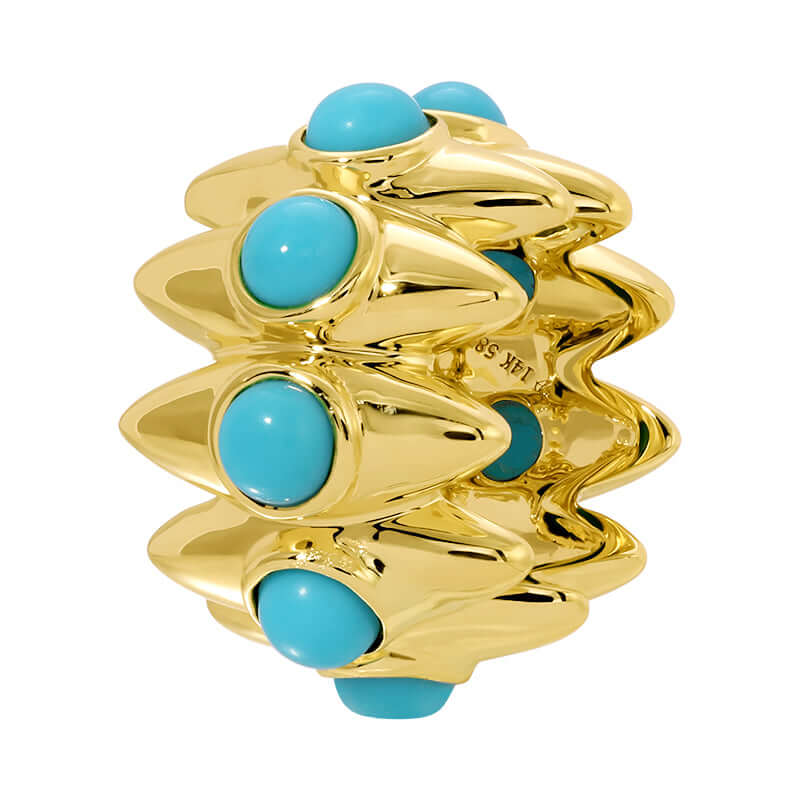 14K Gold Spikes Turquoise Accented Rondelle featuring sharp gold spikes and vibrant turquoise accents.
