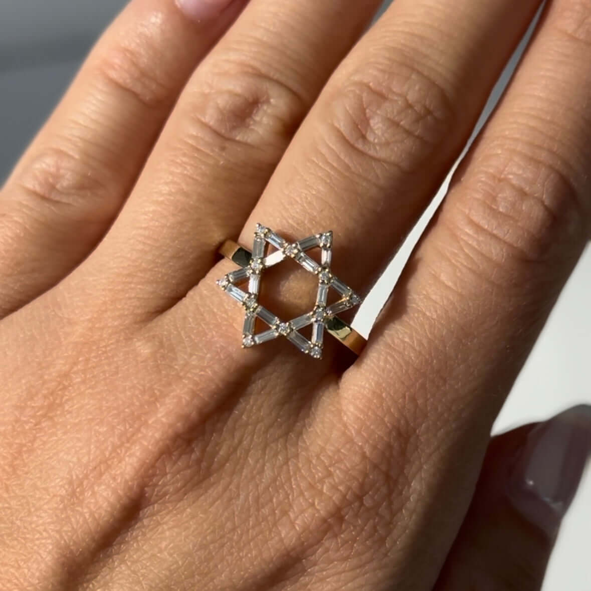 14K Gold Star Of David Baguette Diamond Ring worn on a finger, featuring baguette and round diamonds.