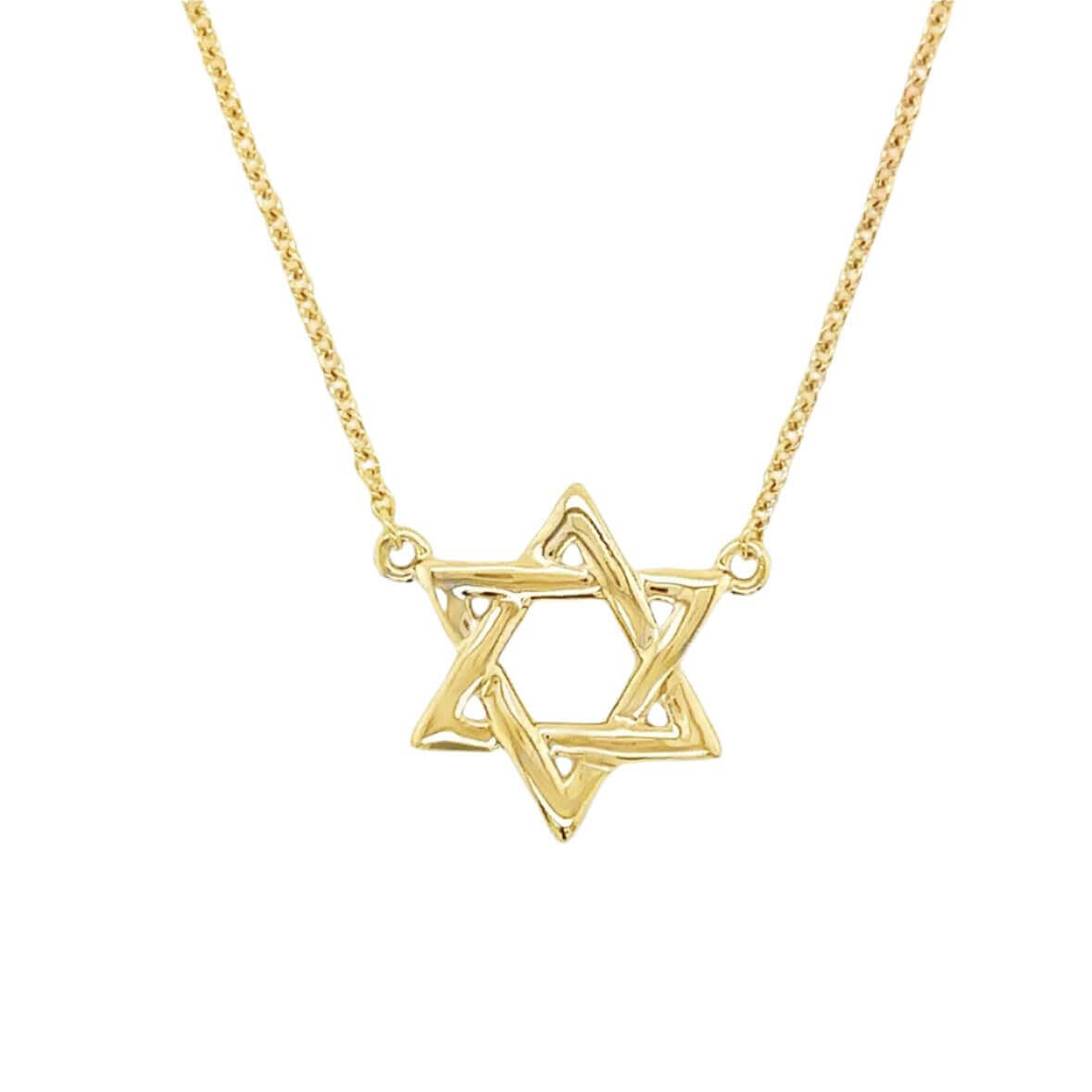 14K gold Star of David necklace on a chain, symbolizing faith and protection, available in multiple sizes.