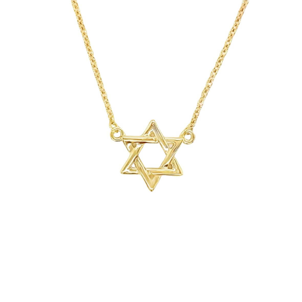 14K gold Star of David necklace with a delicate chain, symbolizing faith and protection. Available in multiple sizes.