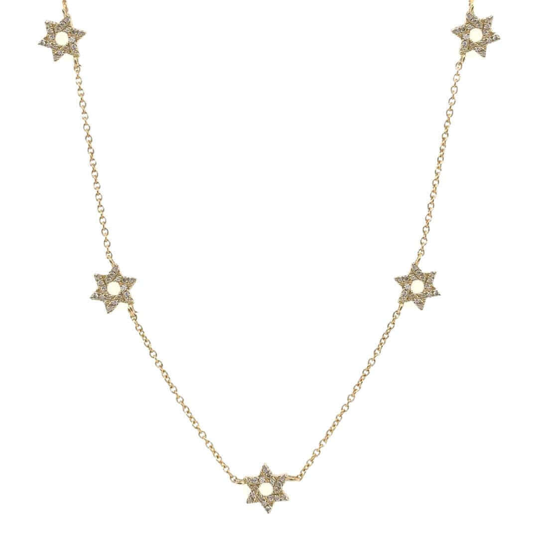14K Gold Stars of David Station Necklace featuring 5 delicate Star of David stations on a gold chain for an elegant, luxury look