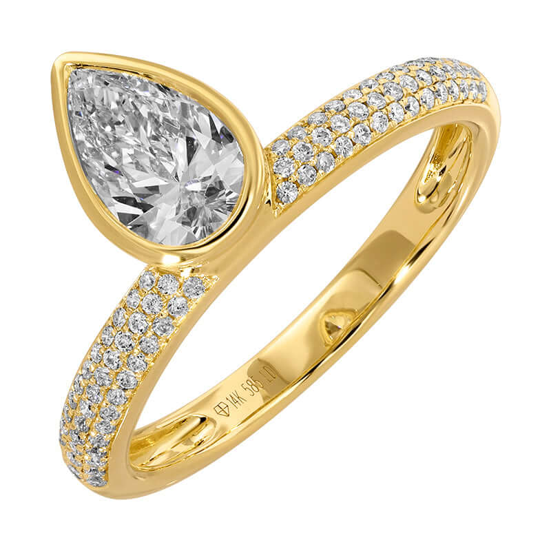 Bezel Lab Diamond Micro Pave Ring in 14k gold with a pear-shaped lab diamond and pave detailing.