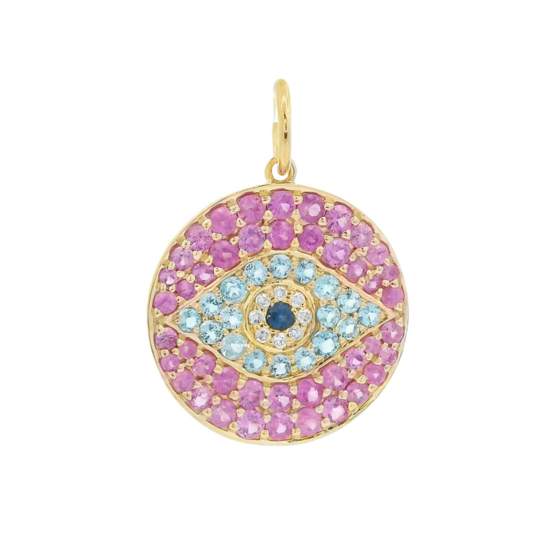 14K Gold Evil Eye Necklace Charm with topaz, blue and pink sapphires, and diamond accents, symbolic protective talisman.