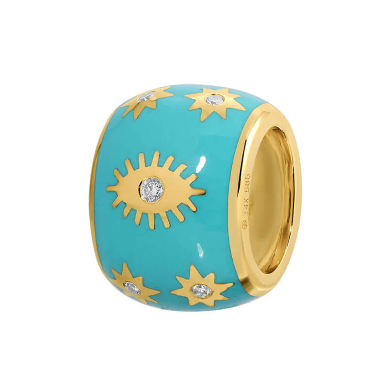 14K Gold Turquoise Enamel Evil Eye Diamond Rondelle featuring diamond accents and star motifs.