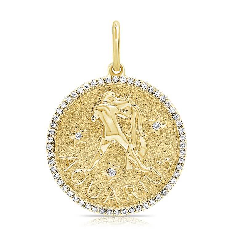 Zodiac Sign Diamond Necklace Charm featuring an Aquarius design in 14K gold by Izakov Fine Jewelry.