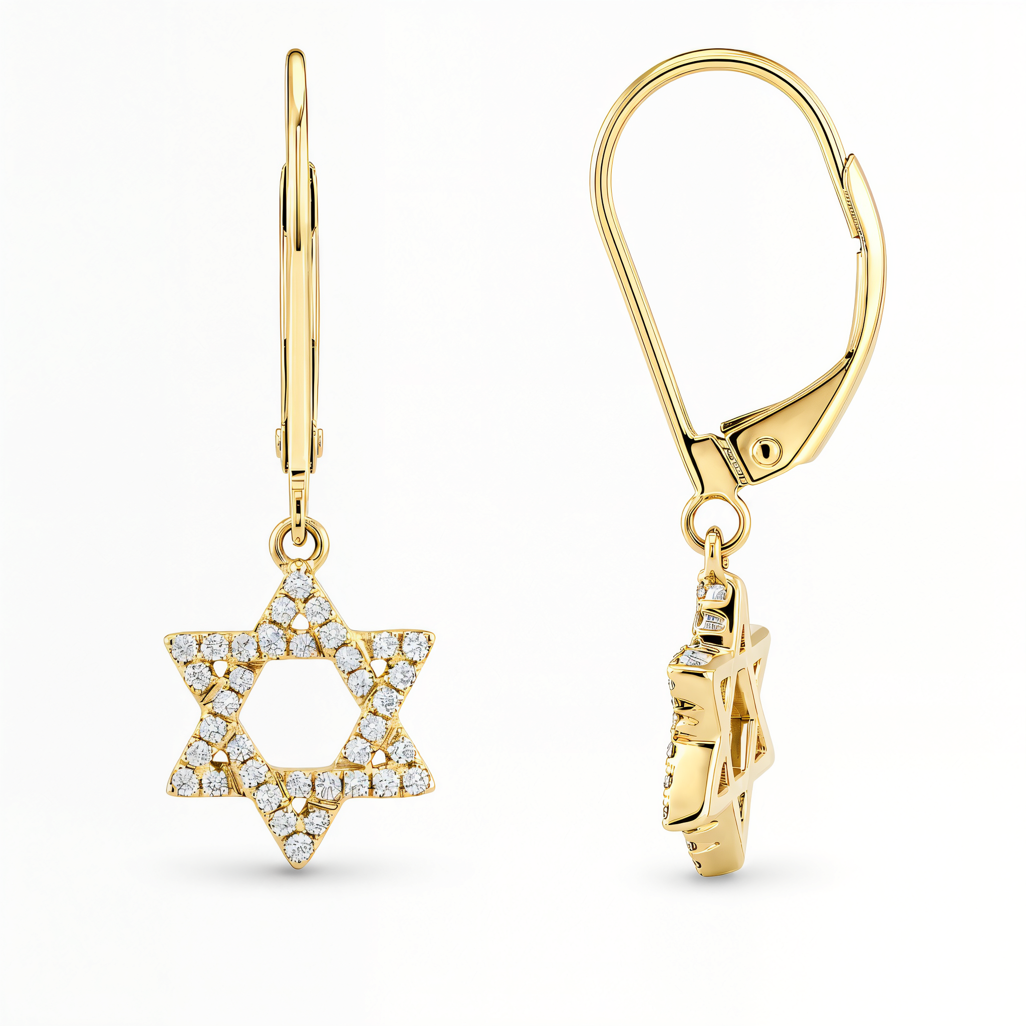 Diamond Star Of David Leverback Drop Earrings