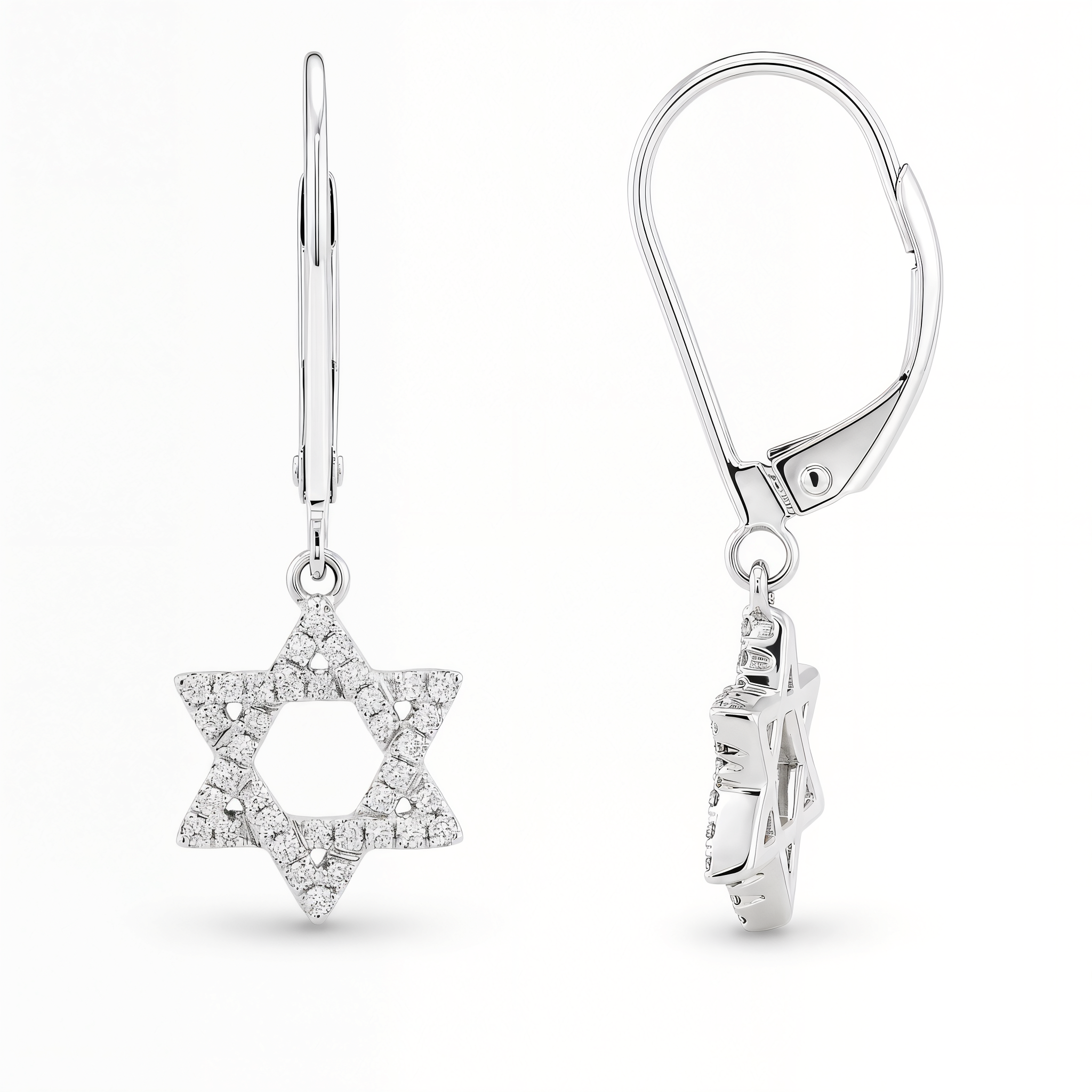 Diamond Star Of David Leverback Drop Earrings