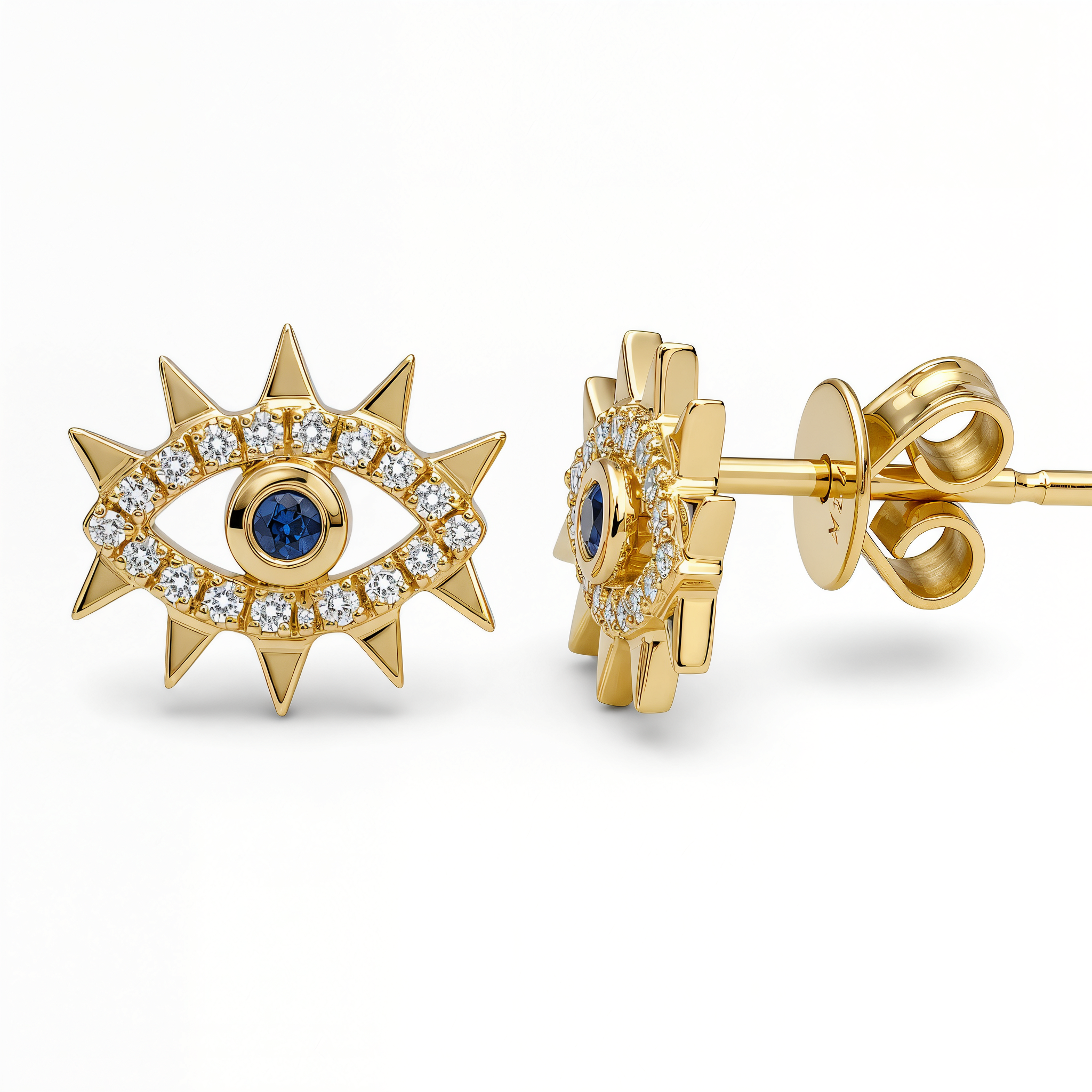 Diamond Accented Spikes Evil Eye Button Earrings