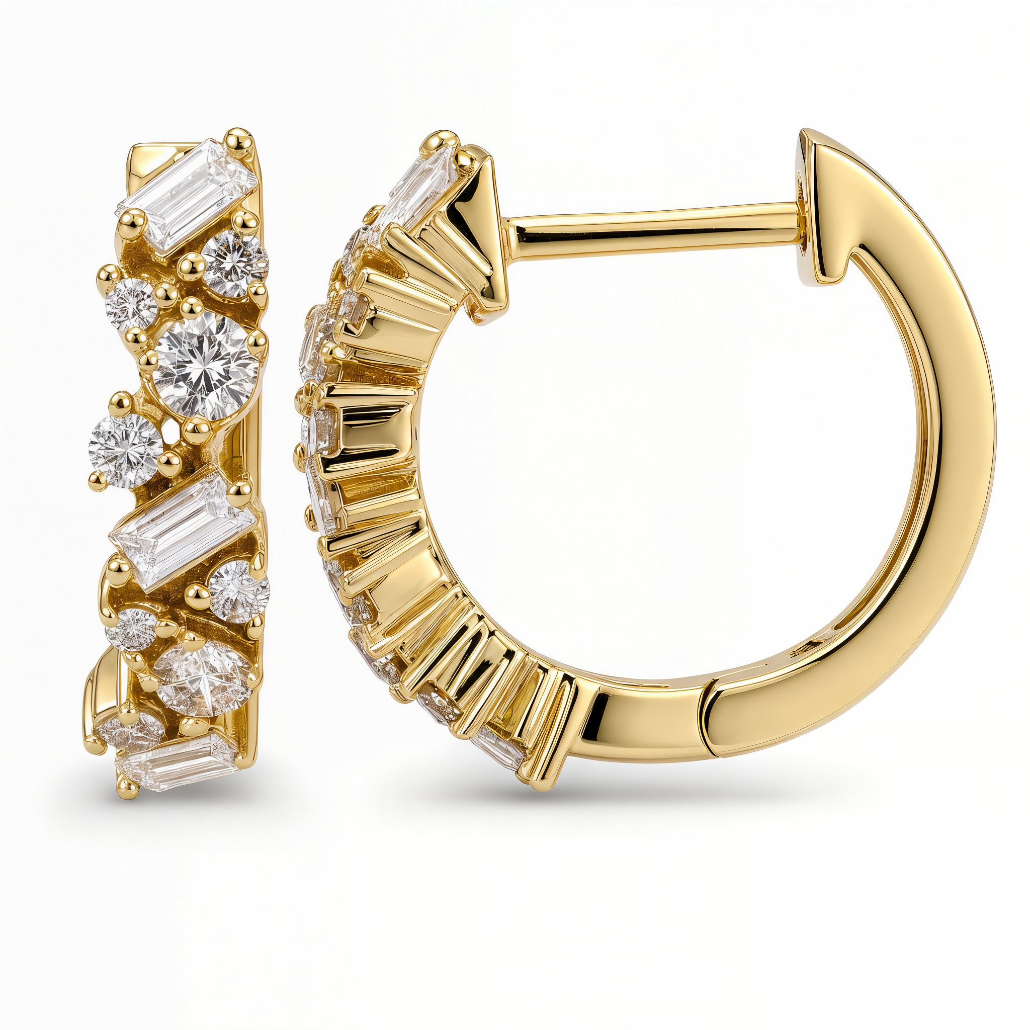 Baguette & Round Diamond Cluster Huggie Earrings