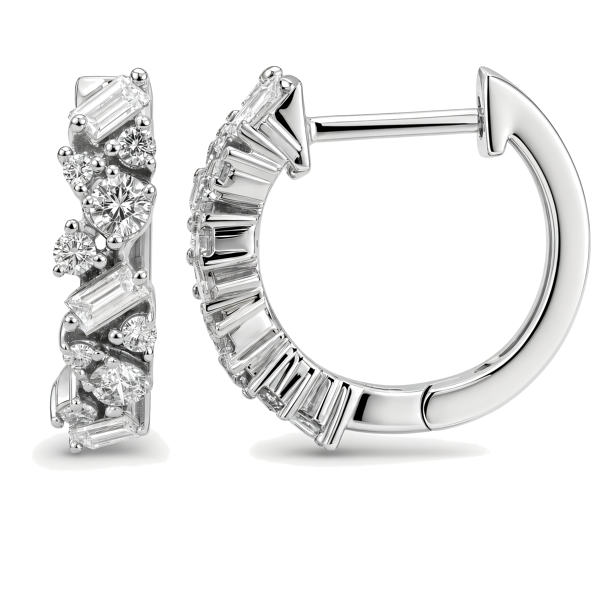 Baguette & Round Diamond Cluster Huggie Earrings