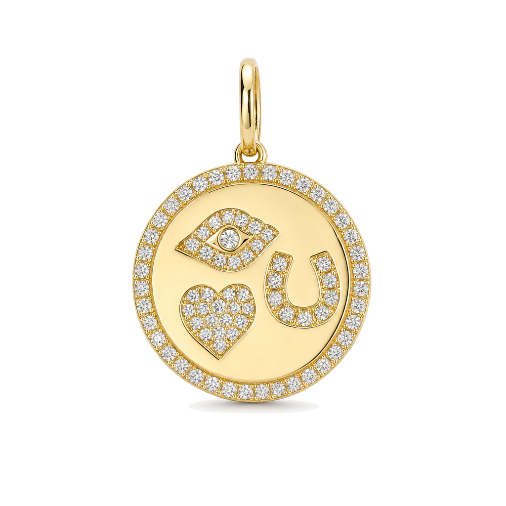 Diamond Pave Eye Heart U Coin Necklace Charm, diamond, Izakov Fine Jewelry