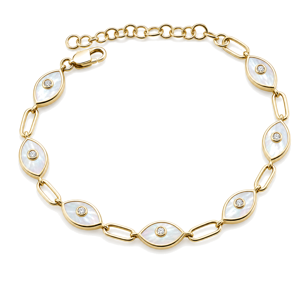 Diamond Accented Mother of Pearl Evil Eyes Link Bracelet, diamond, pearl, Izakov Fine Jewelry