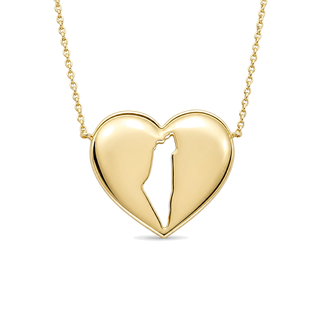 Land Of Israel Cutout Heart Gold Necklace ©, 14K gold, Izakov Fine Jewelry