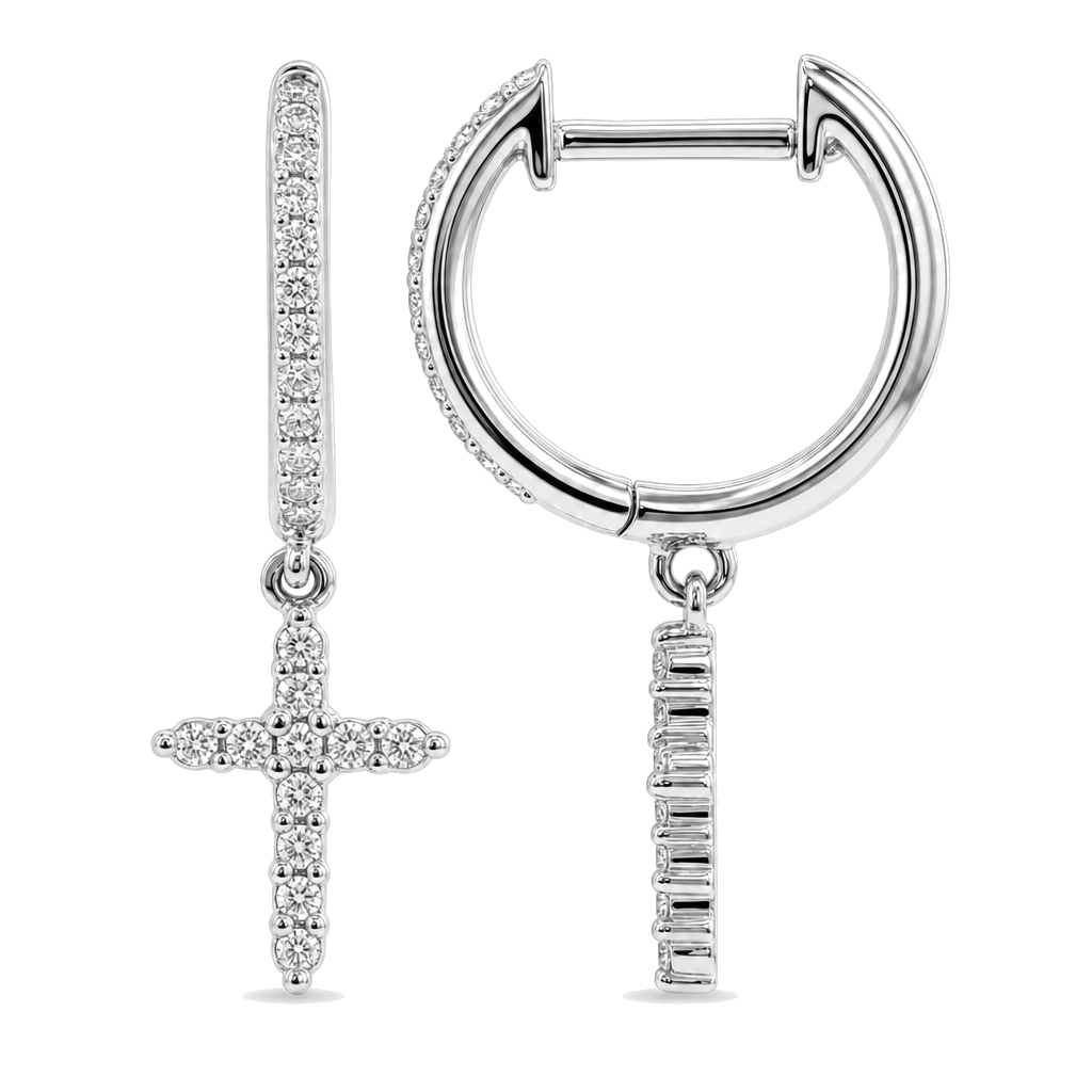Micro Pave Diamond Cross Dangling Huggie Earrings worn on hand
