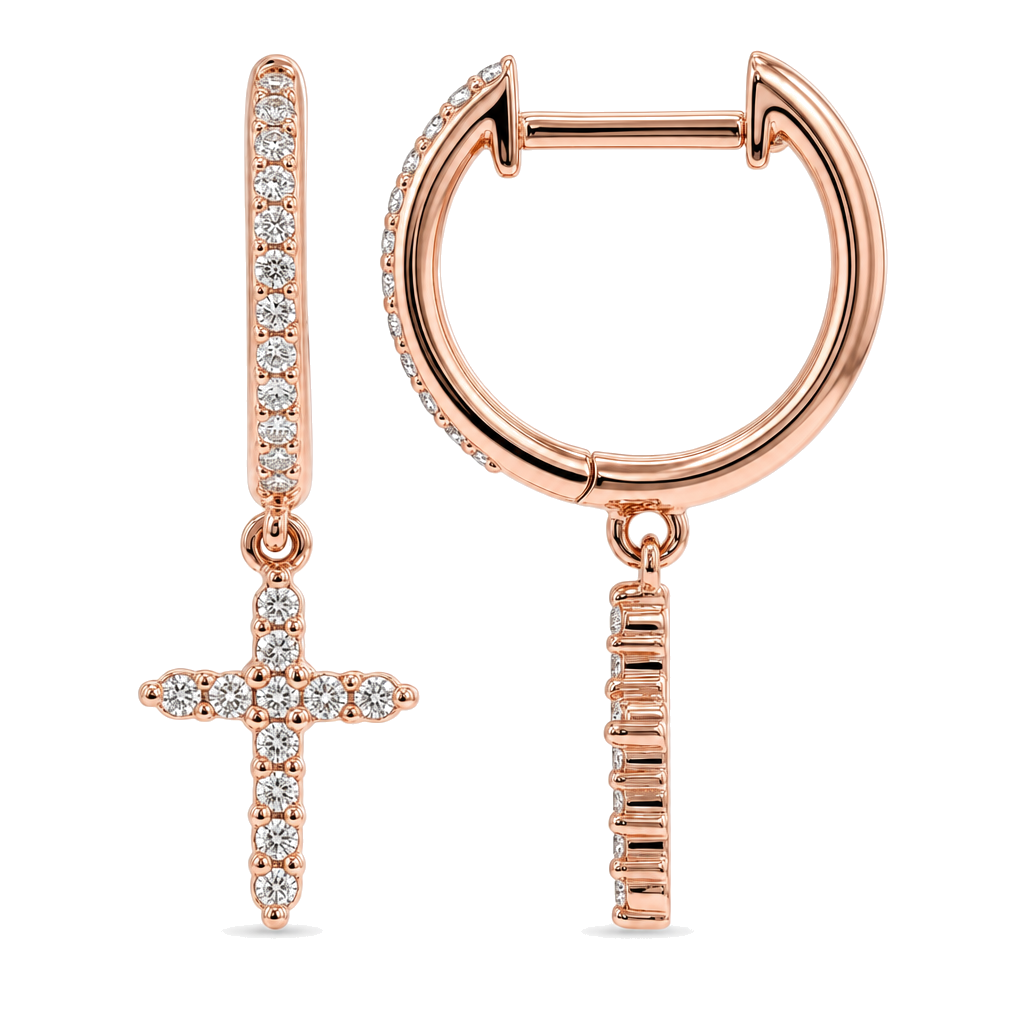 Micro Pave Diamond Cross Dangling Huggie Earrings, alternate angle