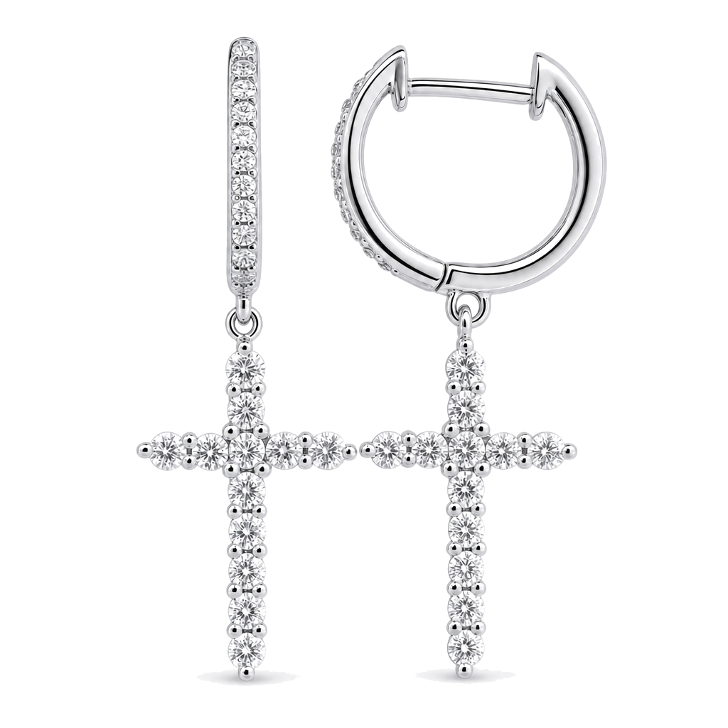 Micro Pave Diamond Cross Dangling Huggie Earrings, side view