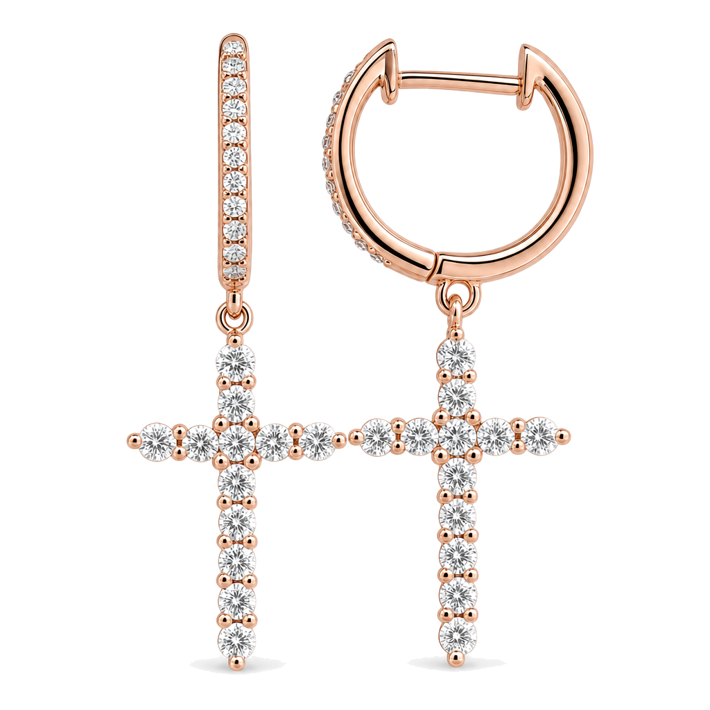 Micro Pave Diamond Cross Dangling Huggie Earrings, view 6