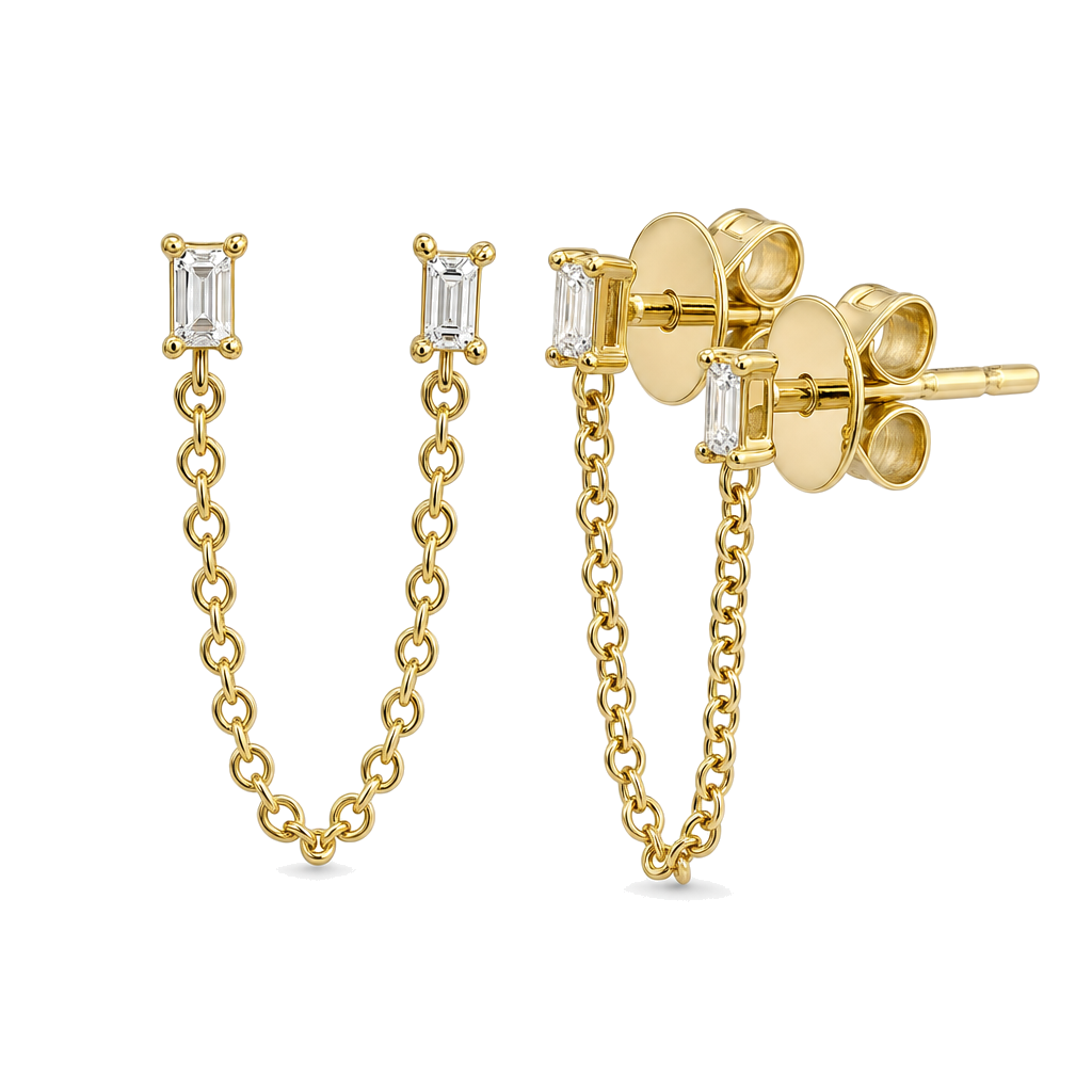 Baguette Diamonds Chained Earring, diamond, Izakov Fine Jewelry
