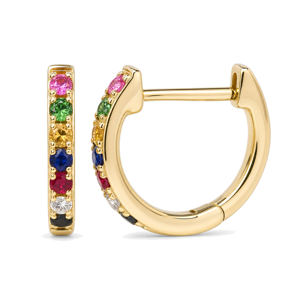 Rainbow Sapphire Diamond Huggies (9mm), diamond, sapphire, Izakov Fine Jewelry