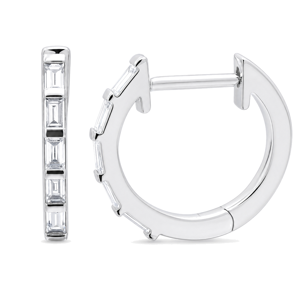 Baguette Diamond Huggie Earrings close-up, huggie